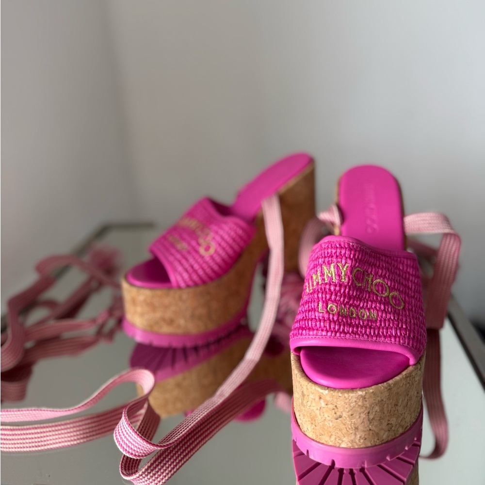 New Jimmy Choo Gal Raffia Cork Ankle-Tie Platform Sandals $750 38.5 - Picture 15 of 15
